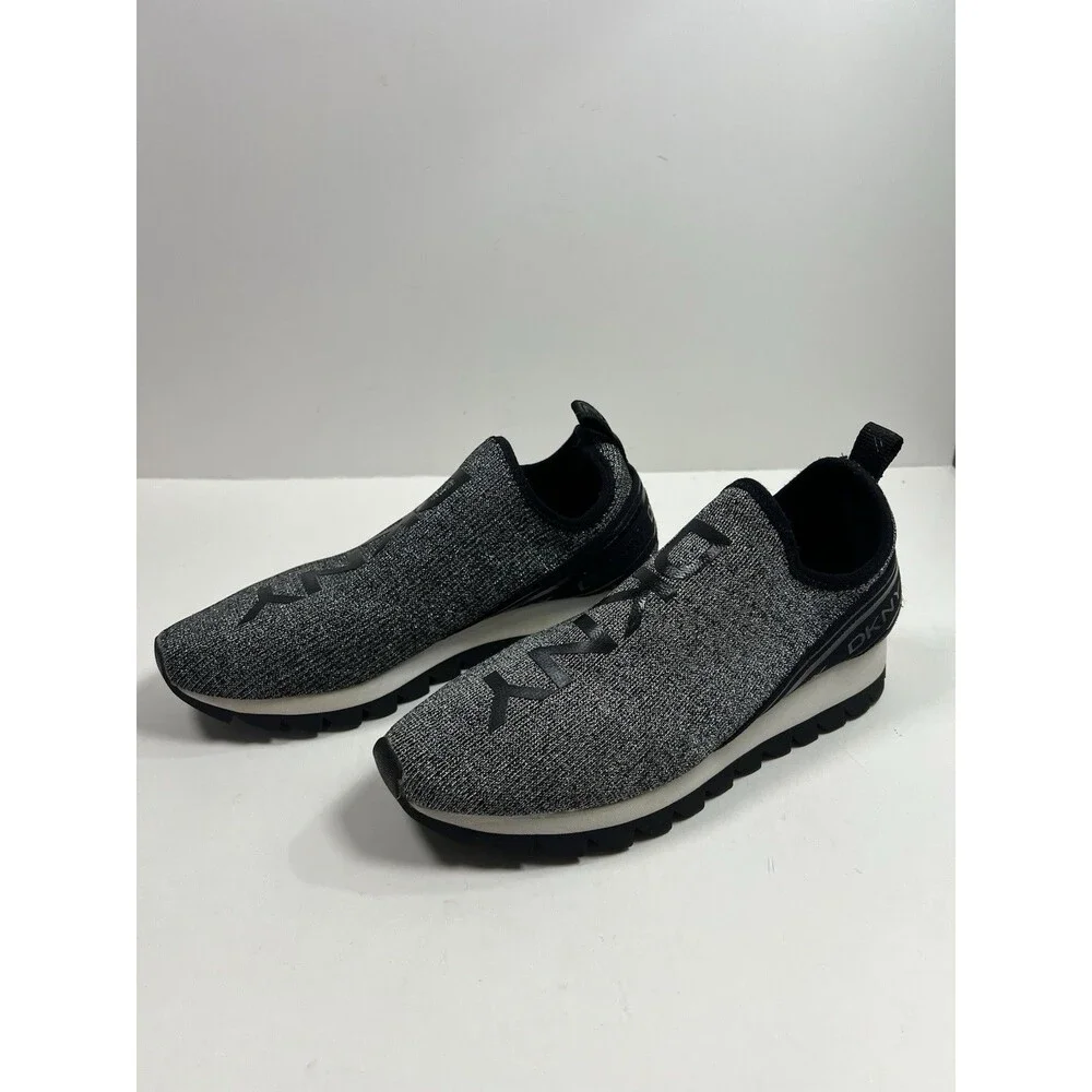 DKNY ABBI  Slip On Athletic Comfort Knit Shoes Silver/ Black Logo Sneakers Sz 9